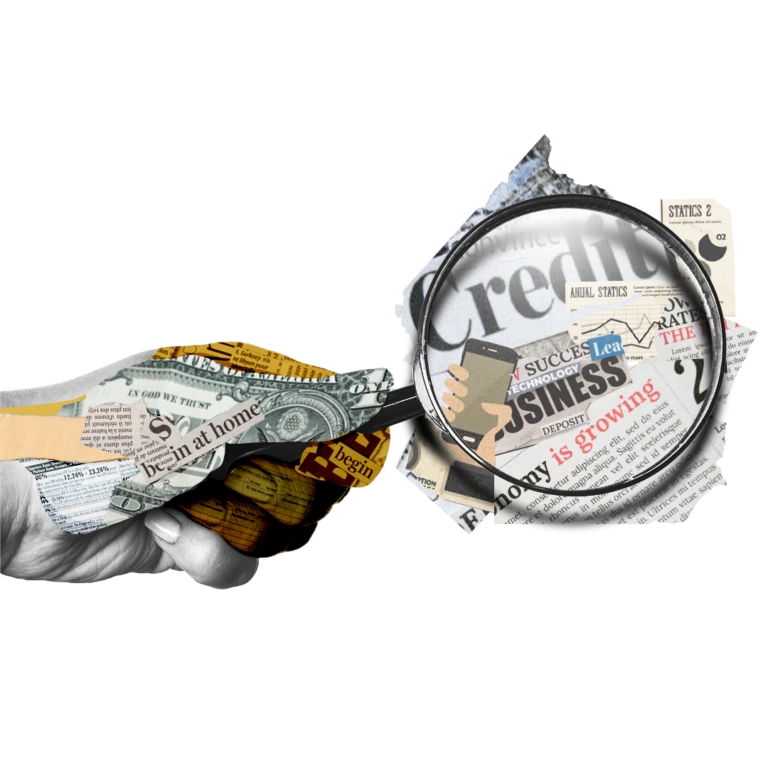 A hand holding a collage of newspaper clippings and dollar bills with a magnifying glass focusing on words like 'Credit', 'Business', and 'Economy is growing'.