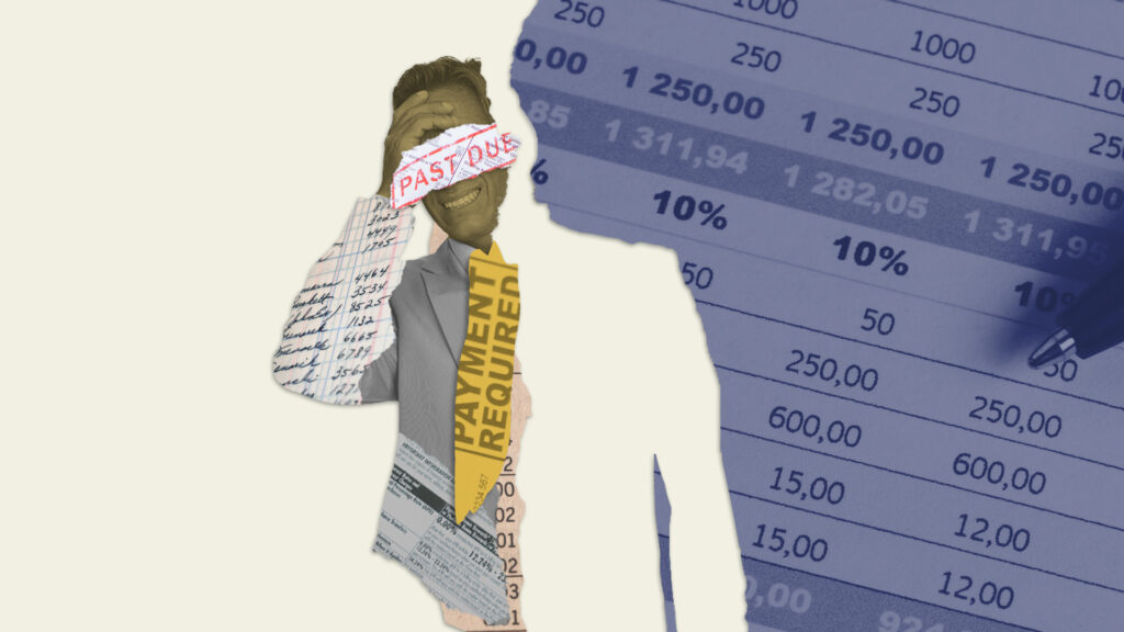 Collage of a man smiling with torn paper overlays showing a past due stamp, payment required notice, and a financial spreadsheet with a pen.