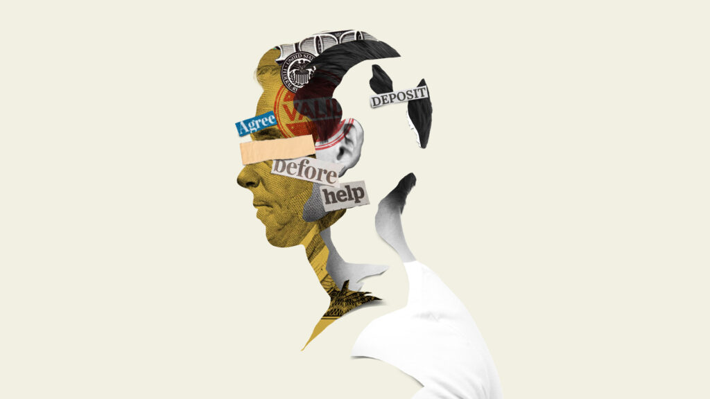 Profile silhouette of a man's head composed of layered images and text including currency patterns and words like 'agree,' 'valid,' 'before,' 'help,' and 'deposit.'