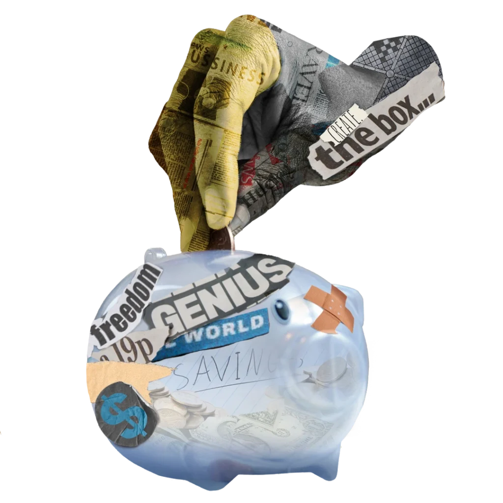 Hand covered with newspaper clippings putting a coin into a piggy bank decorated with words like genius, freedom, and savings.