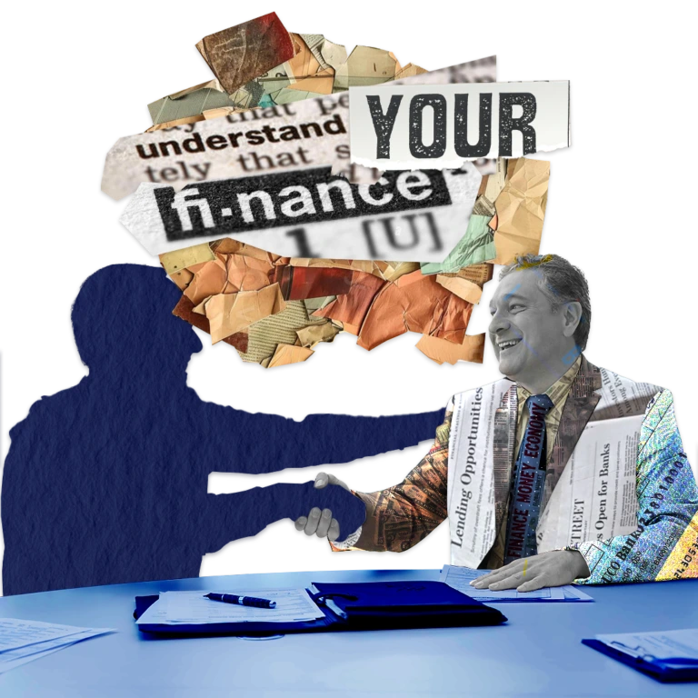 Two people shaking hands across a table with financial documents, and a collage background featuring the words 'your finance'.
