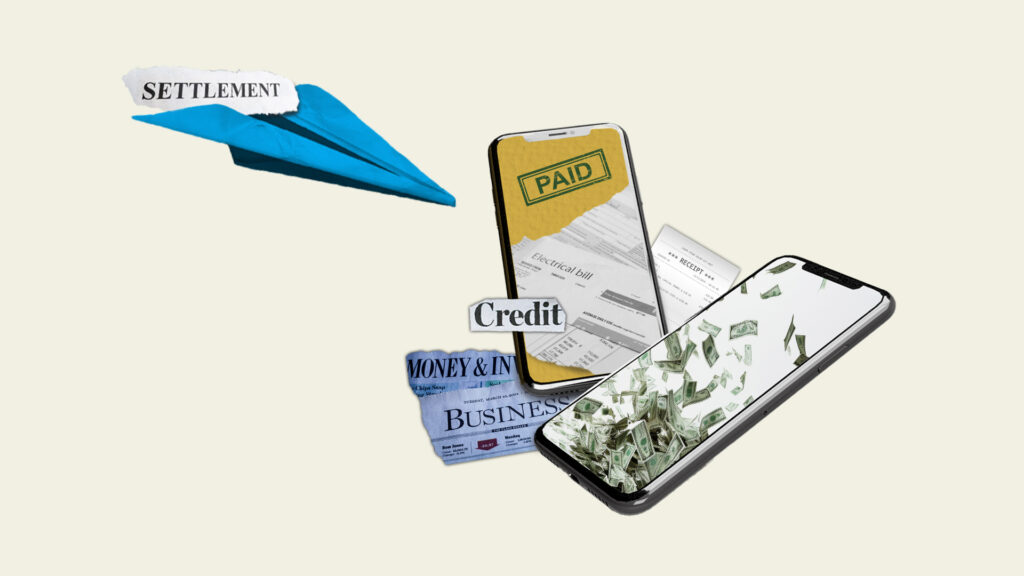 Blue paper airplane labeled 'Settlement,' two smartphones with images of a paid bill, receipt, money, and business headlines.